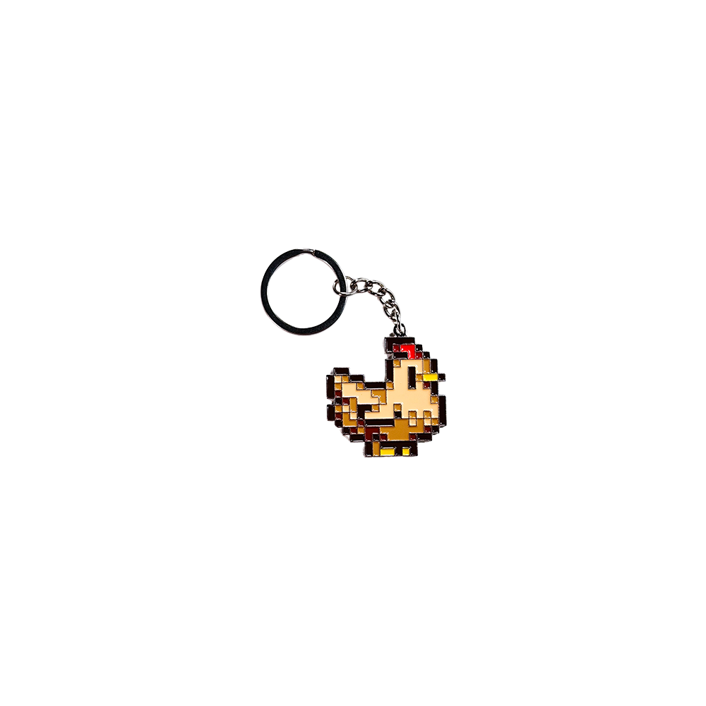 Pixelated chicken keychain with a retro video game aesthetic.