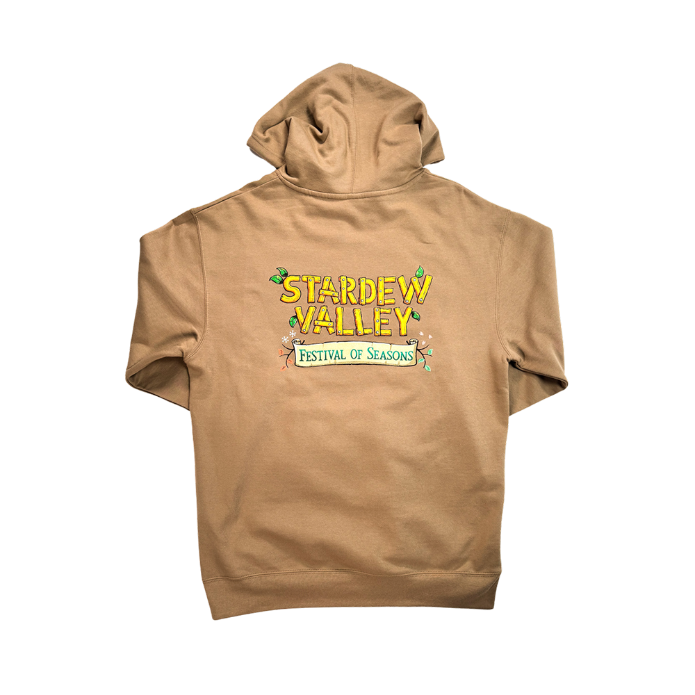 Tan hoodie with ’Stardew Valley: Festival of Seasons’ logo printed on the back.