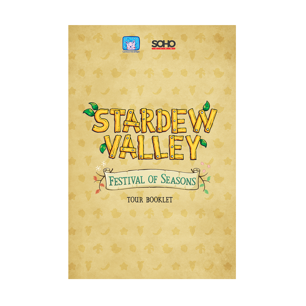 Tour booklet cover for ’Stardew Valley: Festival of Seasons’ with yellow lettering and leaf decorations on a beige background.