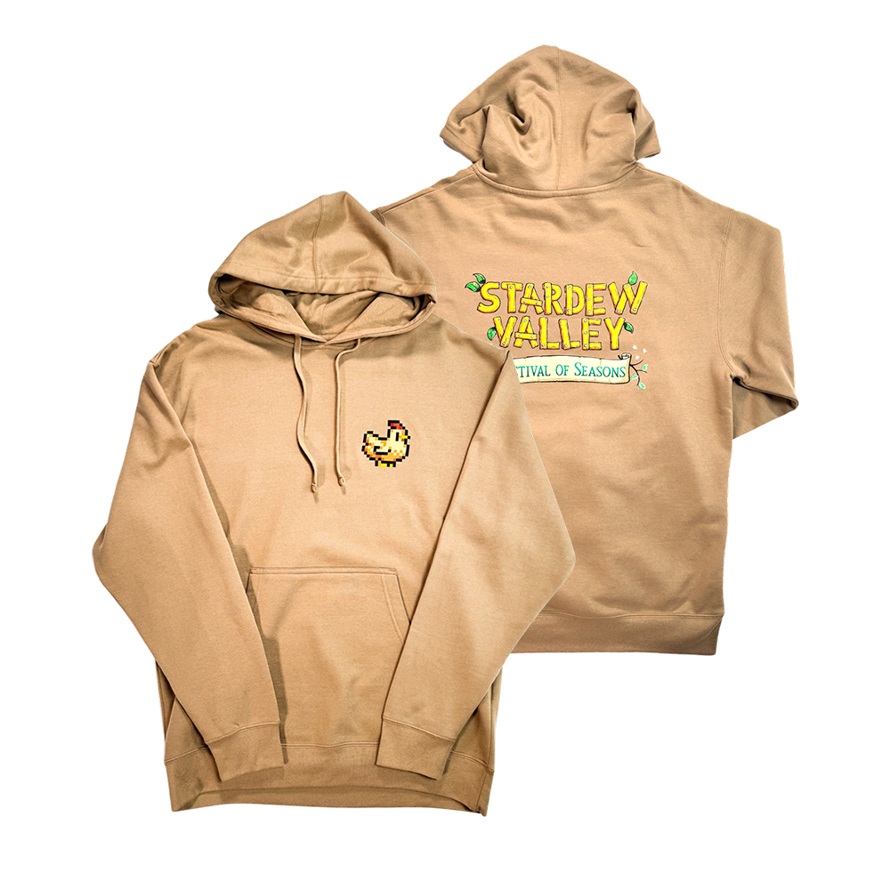 Two beige hooded sweatshirts featuring Stardew Valley game graphics.