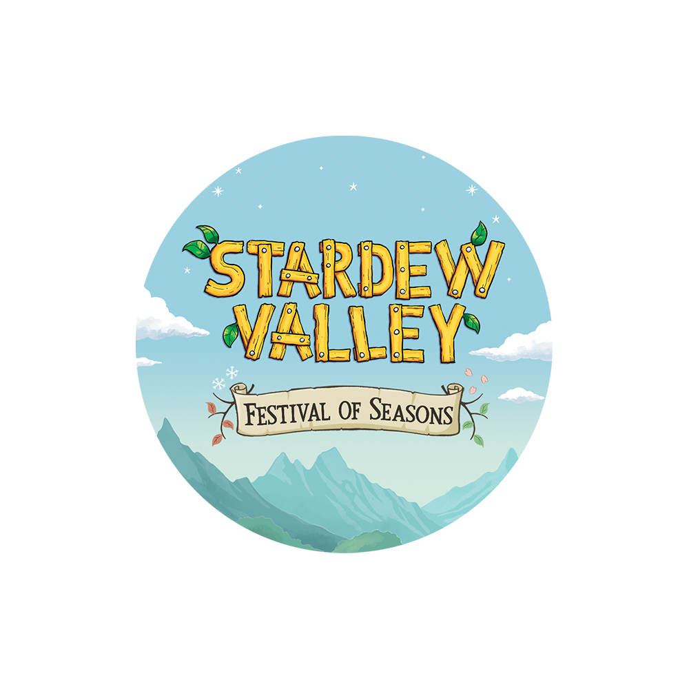 Circular logo for ’Stardew Valley: Festival of Seasons’ with stylized text and mountain scenery.