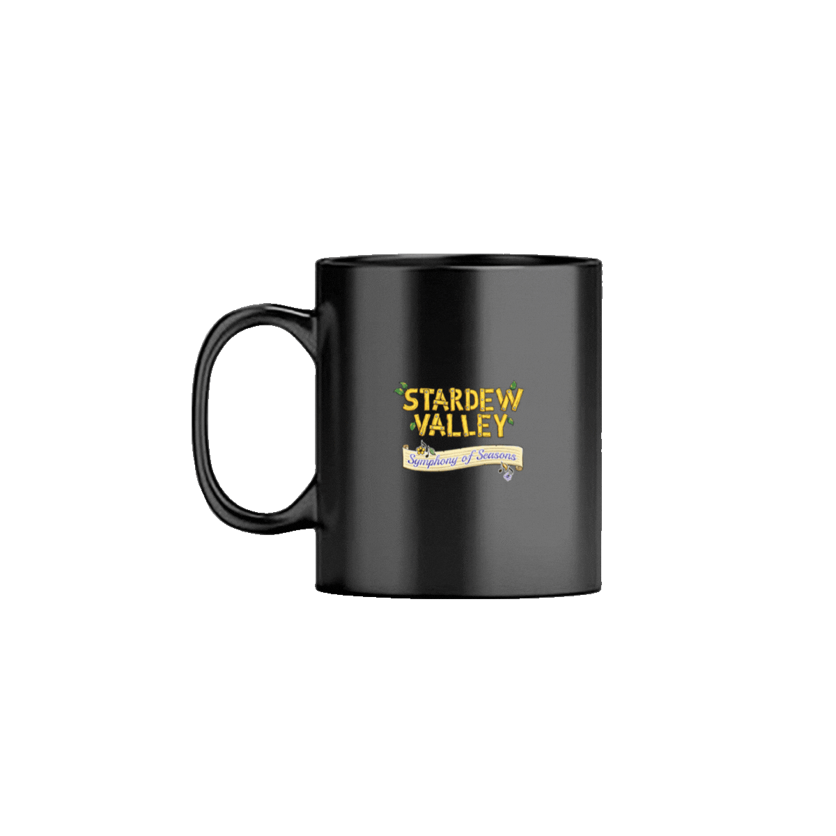 Black ceramic mug featuring a gold and green ’stardew valley: symphony of seasons’ logo.