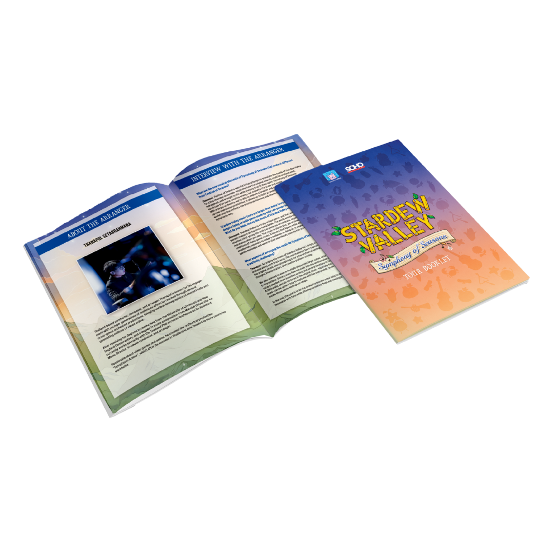A colorful stardew valley ’symphony of seasons’ roleplay booklet with a gradient cover transitioning from blue to orange and green pages featuring text sections.