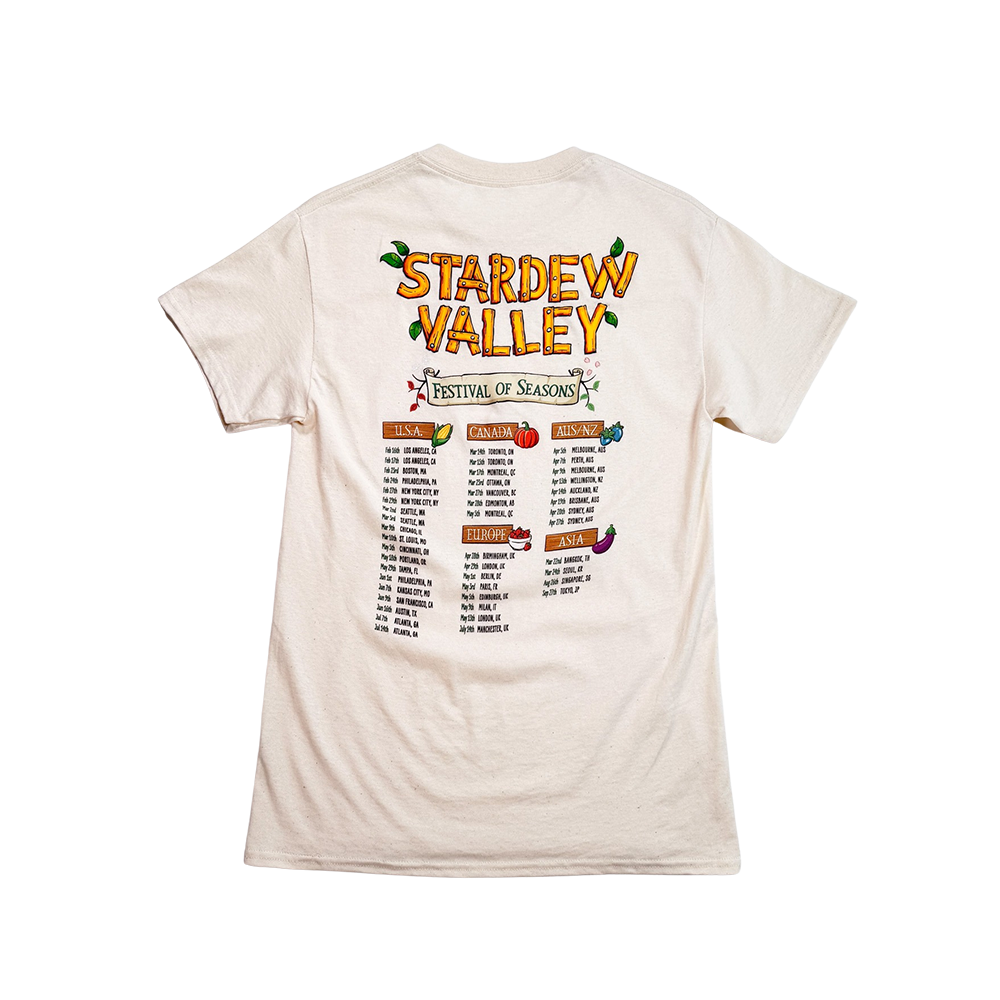 White t-shirt with ’Stardew Valley’ and seasonal festival dates printed on the back.