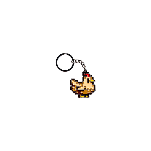 Pixelated chicken keychain with a retro video game aesthetic.