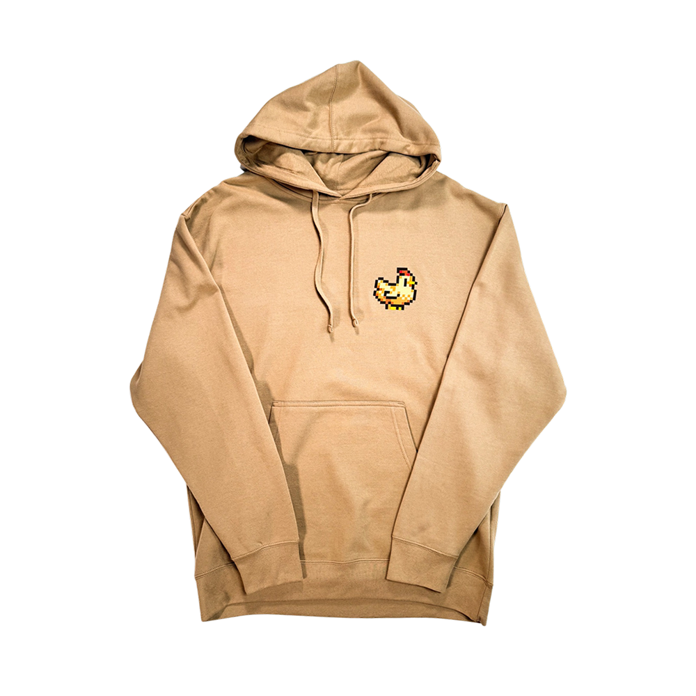 Beige hoodie with a pixelated yellow banana graphic on the chest.