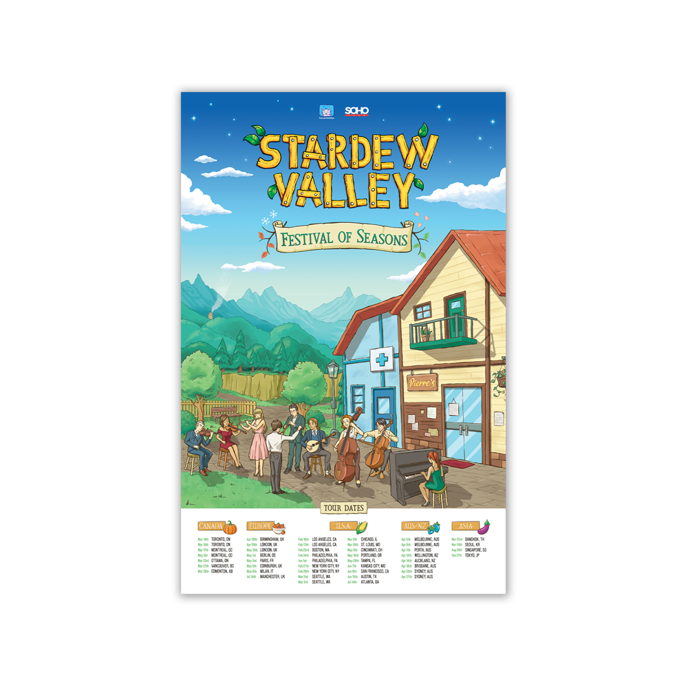 Promotional poster for the video game ’Stardew Valley: Festival of Seasons’ featuring colorful artwork of a rural town scene with characters and a calendar of events.