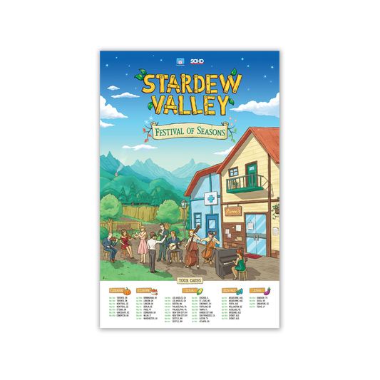 Promotional poster for the video game ’Stardew Valley: Festival of Seasons’ featuring colorful artwork of a rural town scene with characters and a calendar of events.