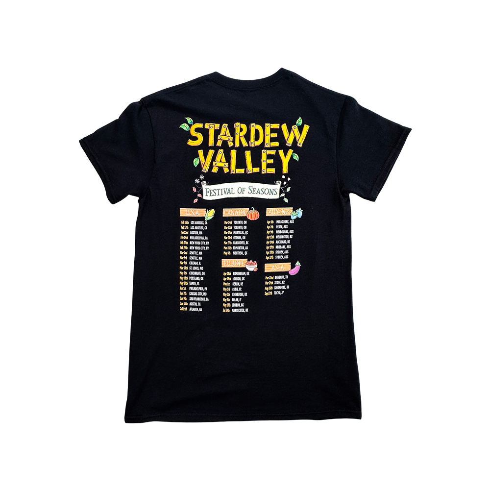 Black t-shirt with ’Stardew Valley Festival of Seasons’ design and event schedule printed on the back.