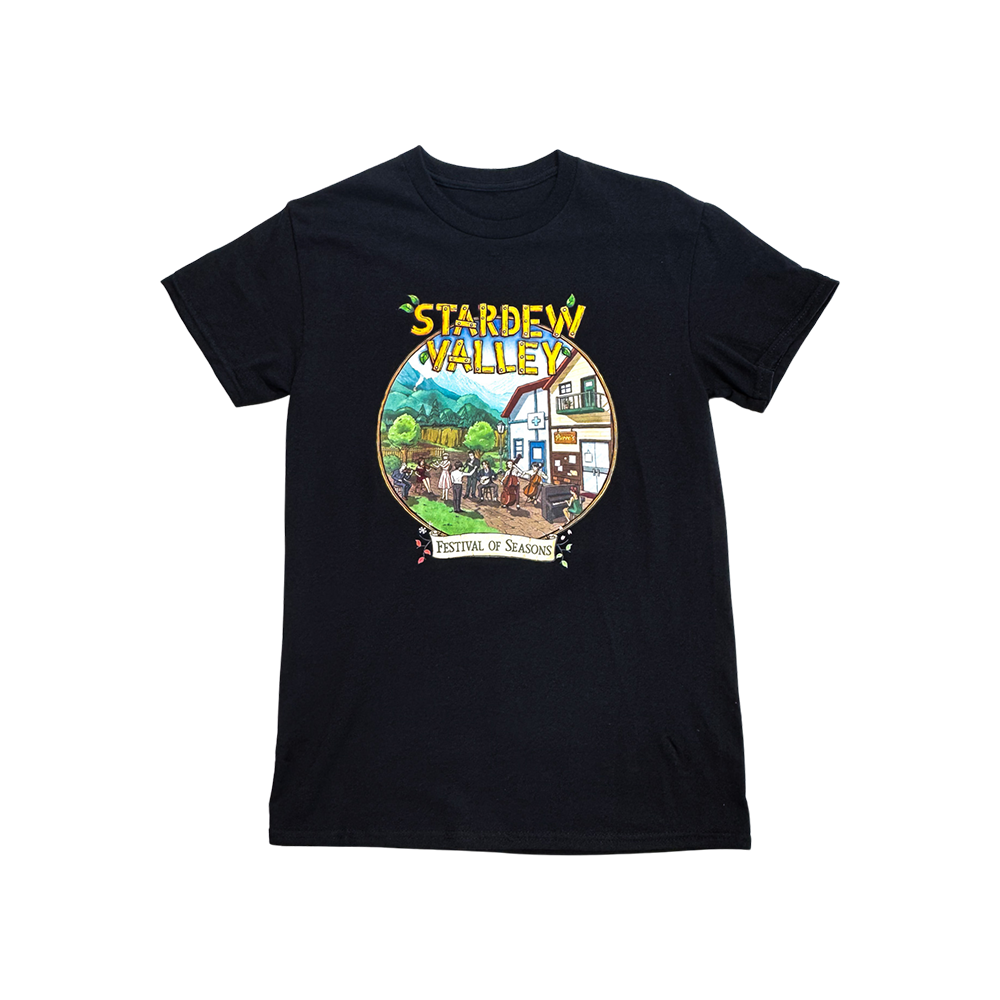 Black t-shirt featuring a colorful ’Stardew Valley’ game design with a rural village scene.