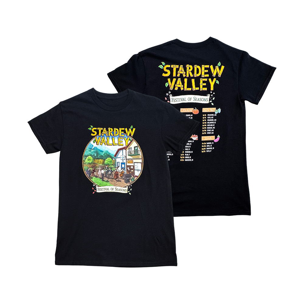 Black t-shirt with Stardew Valley game artwork and festival schedule printed on front and back.