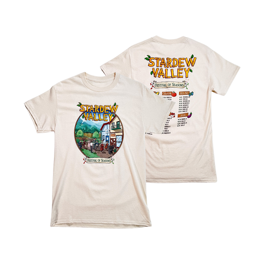 T-shirt featuring Stardew Valley game artwork and festival schedule.