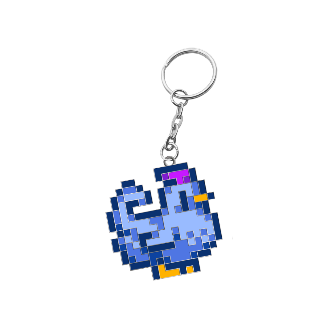 Pixelated blue and purple fish keychain with yellow accents.