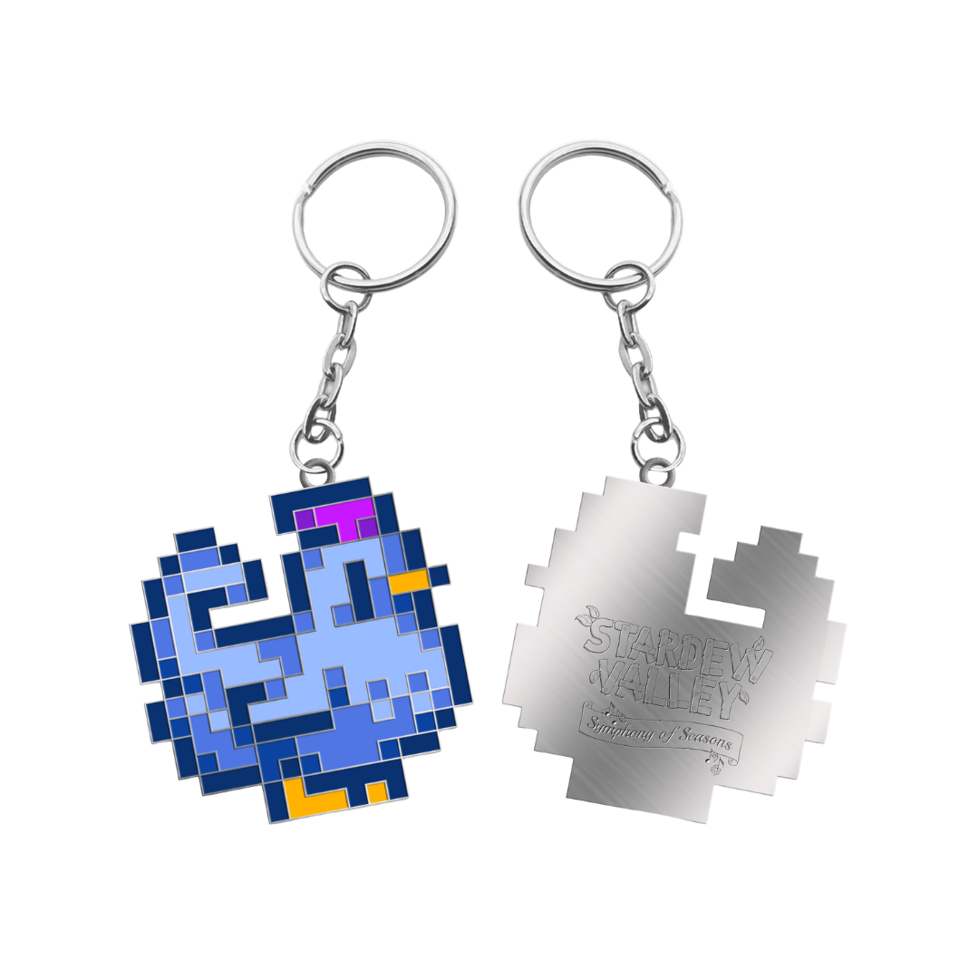 Pixelated blue and purple bird keychain with yellow beak, featuring a silver metal chain and ring.