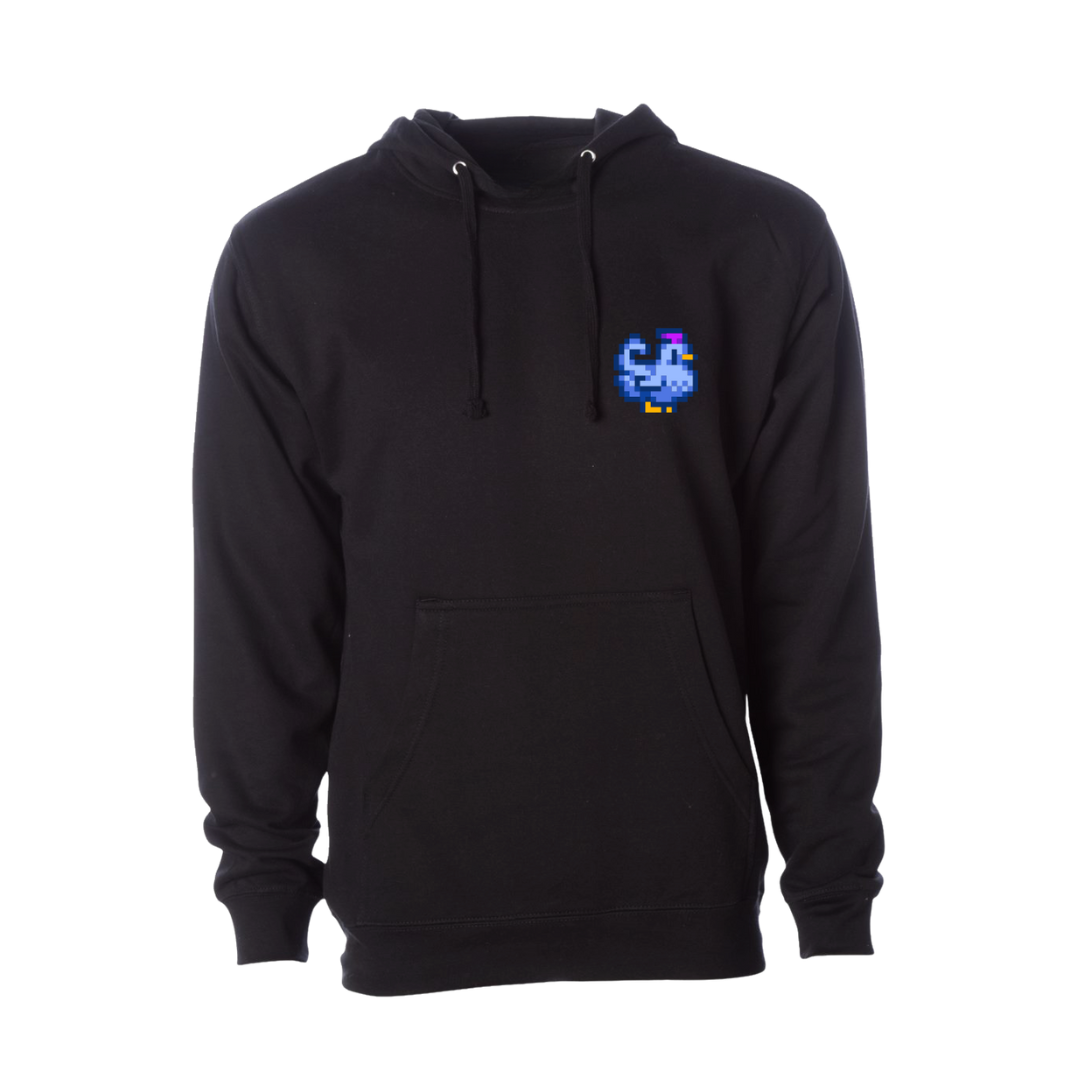 Black hoodie with a pixelated blue and purple graphic on the left chest.