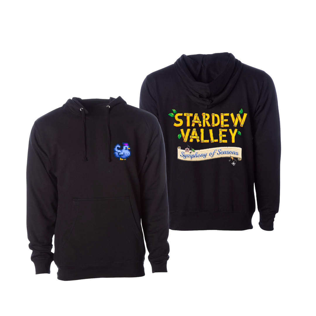 Black hoodie featuring ’stardew valley: symphony of seasons’ branding in yellow and green with a pixelated character on the left chest.