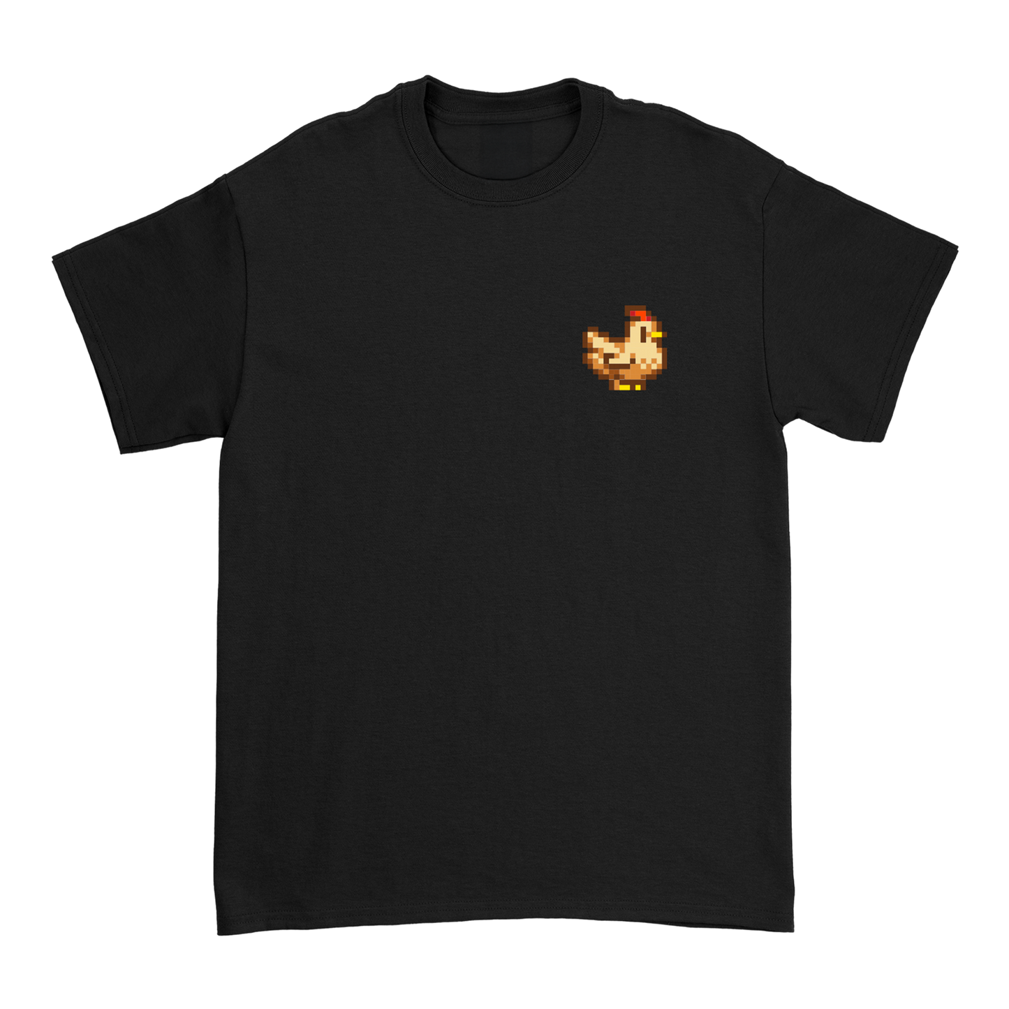 Black short-sleeved t-shirt featuring a pixelated chicken graphic in shades of orange and yellow on the left chest.