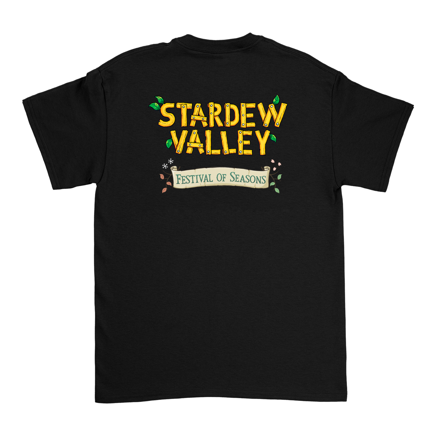 Black short-sleeved t-shirt featuring a vibrant yellow ’stardrew valley’ graphic with green leaf accents and an olive banner reading ’festival of seasons.’