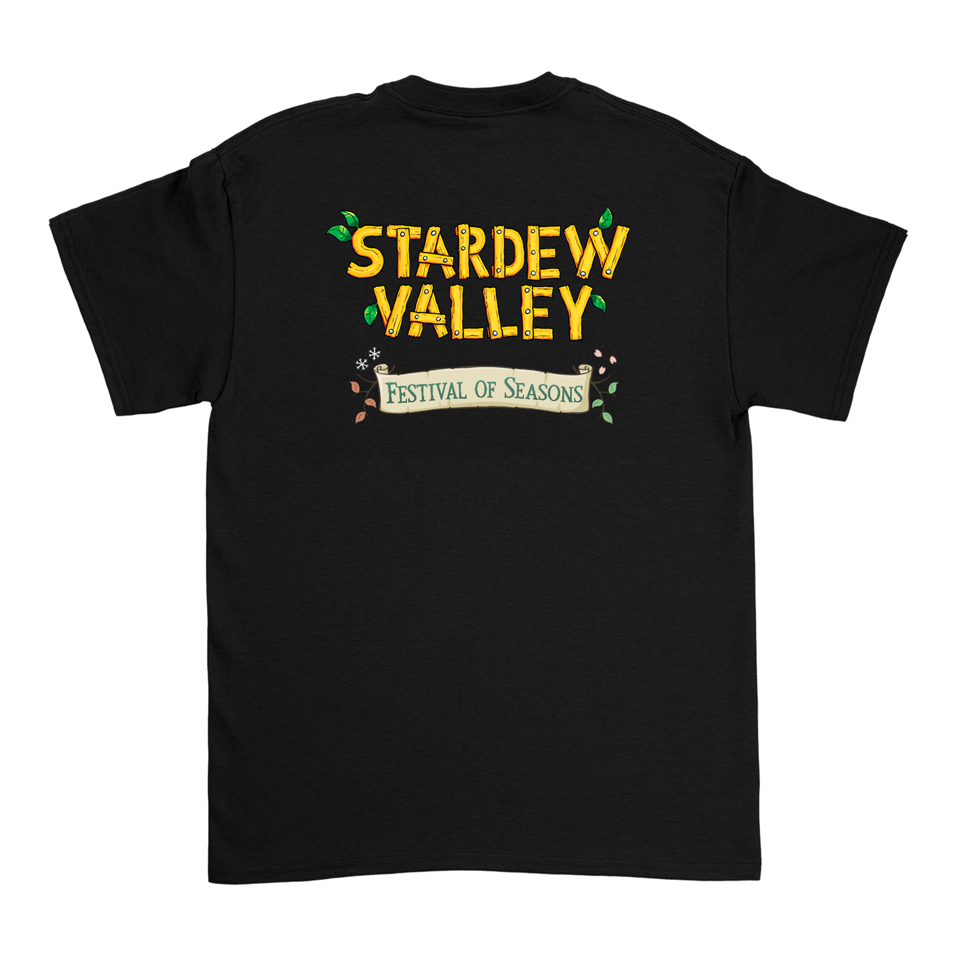 Black short-sleeved t-shirt featuring a vibrant yellow ’stardrew valley’ graphic with green leaf accents and an olive banner reading ’festival of seasons.’