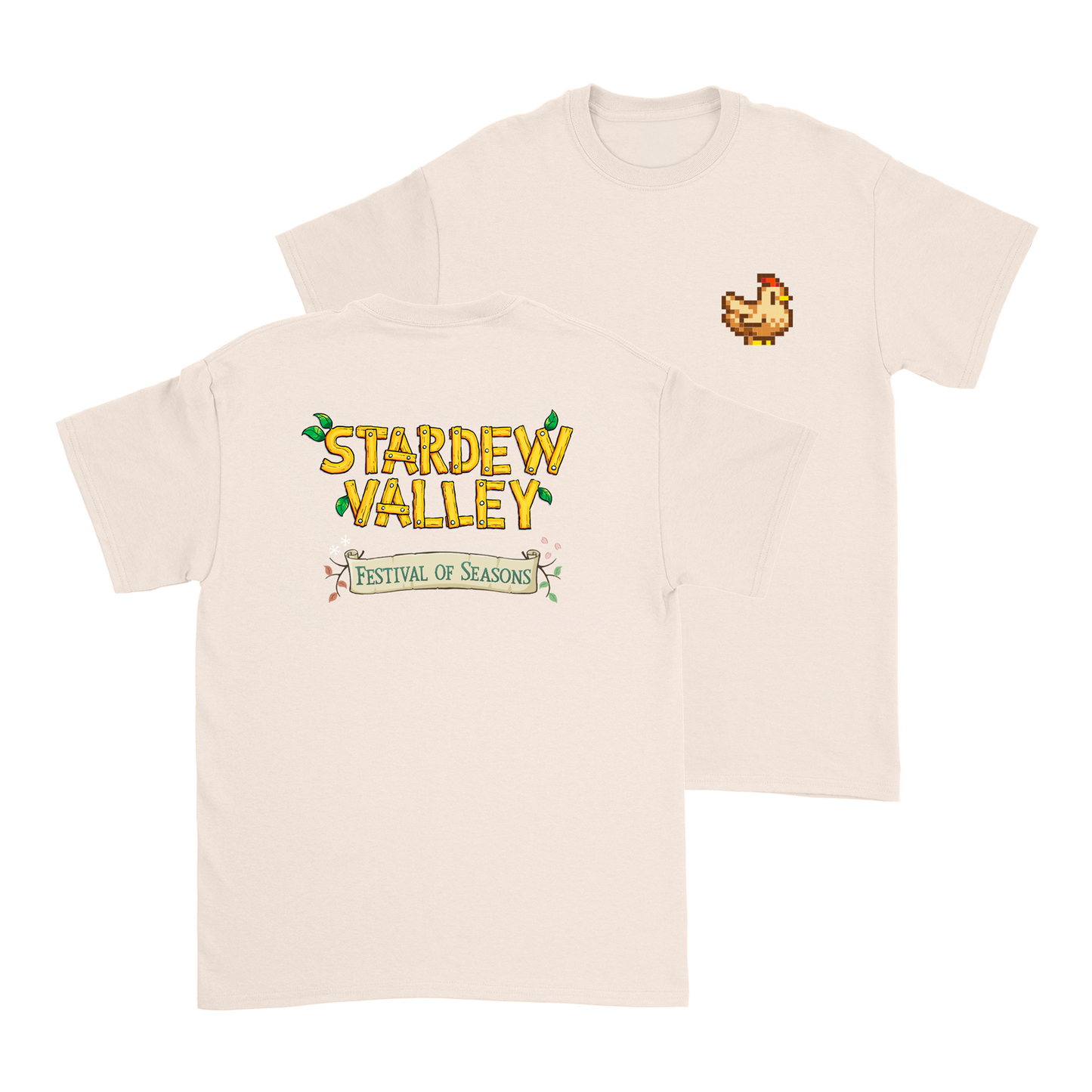 Cream-colored cotton t-shirt featuring a pixel-art chicken on the left chest and ’stardew valley festival of seasons’ printed across the back in yellow with green accents.