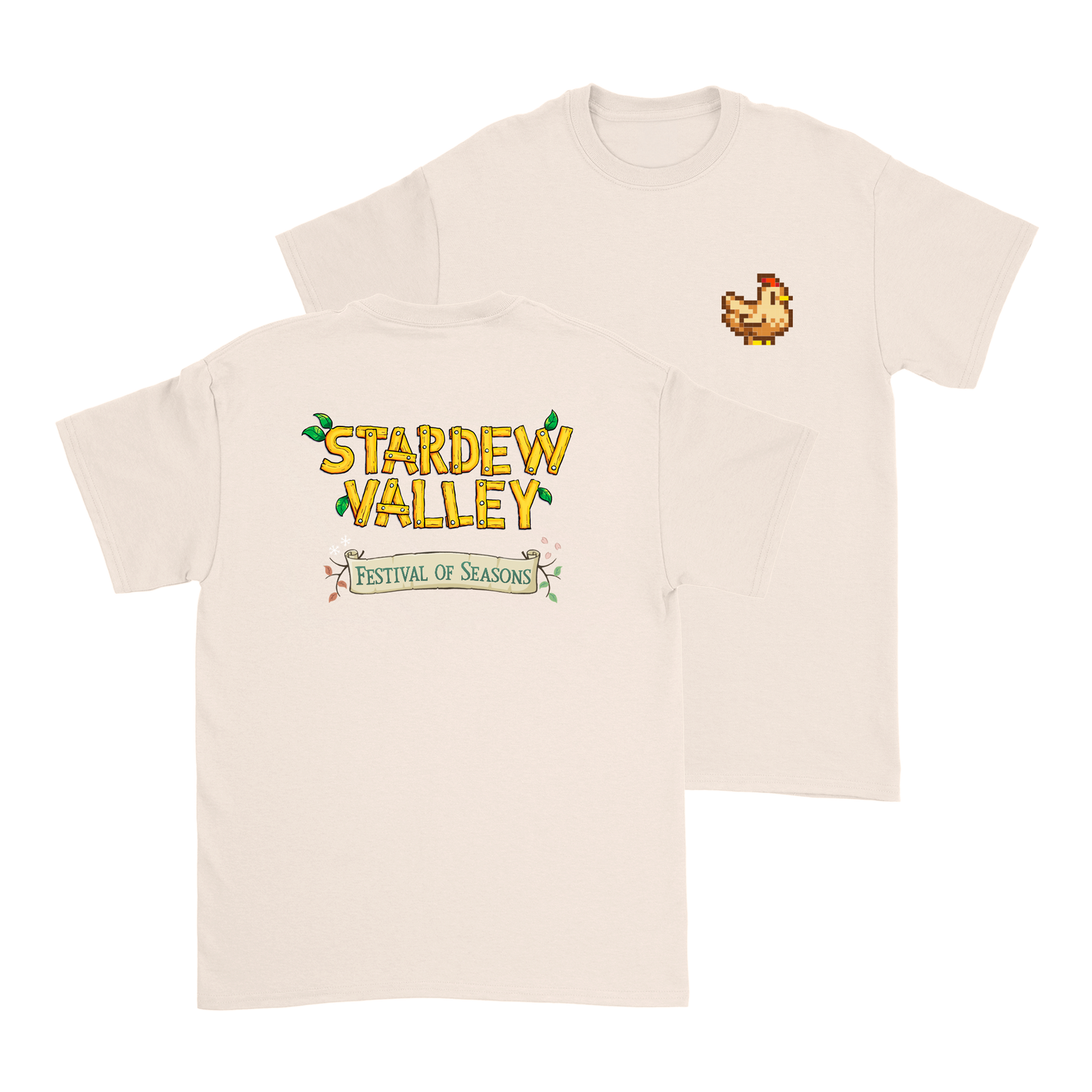 Cream-colored cotton t-shirt featuring a pixel-art chicken on the left chest and ’stardew valley festival of seasons’ printed across the back in yellow with green accents.