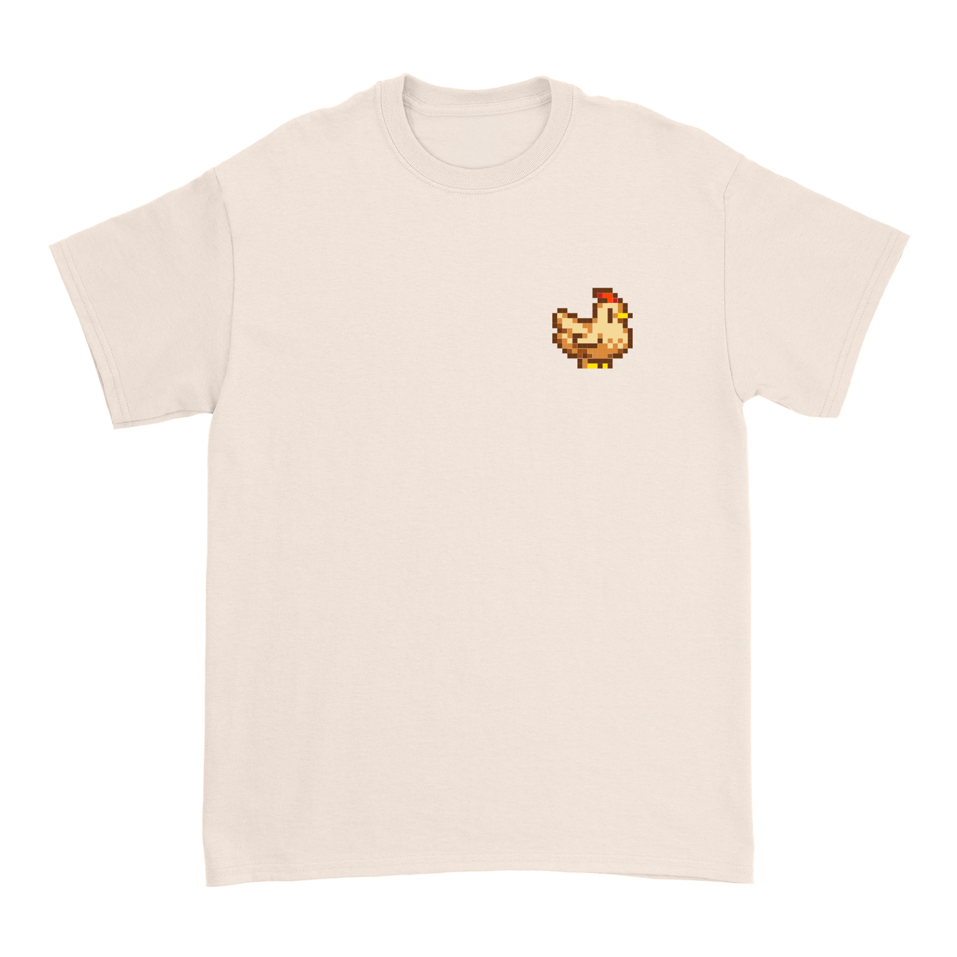 Cream-colored cotton t-shirt featuring a small pixelated chicken graphic on the left chest.