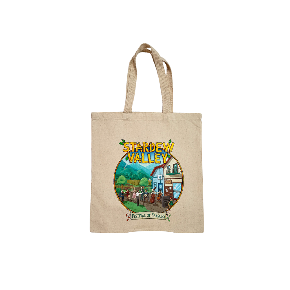 Canvas tote bag featuring a colorful Stardew Valley game design.