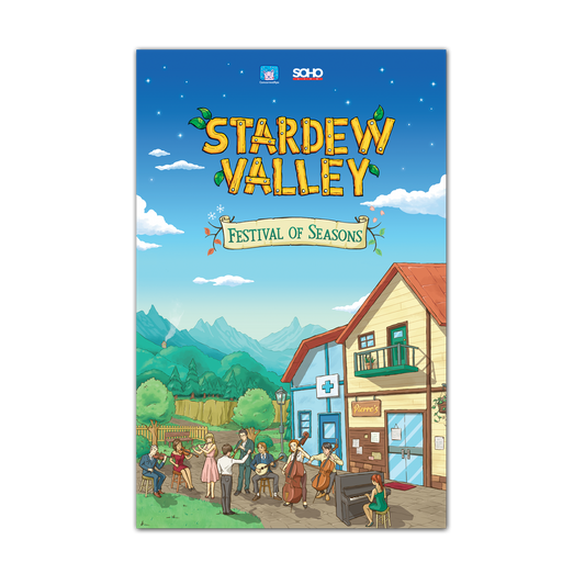 Stardew valley festival of seasons game cover featuring a vibrant, illustrated village scene with colorful buildings and characters under a starry blue sky.