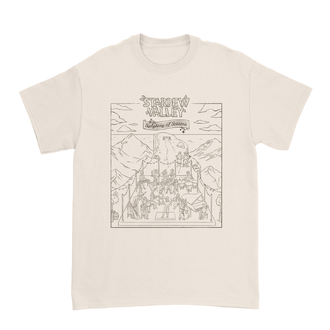 Cream-colored cotton t-shirt featuring a black line-art illustration of the ’stardew valley: symphony of seasons’ album cover.
