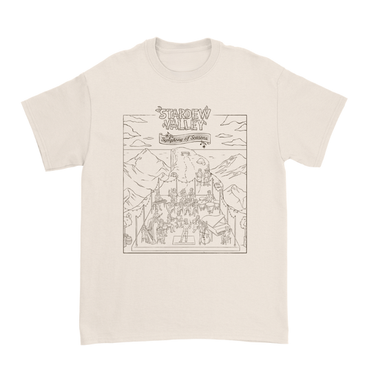 Cream-colored cotton t-shirt featuring a black line-art illustration of the ’stardew valley: symphony of seasons’ album cover.