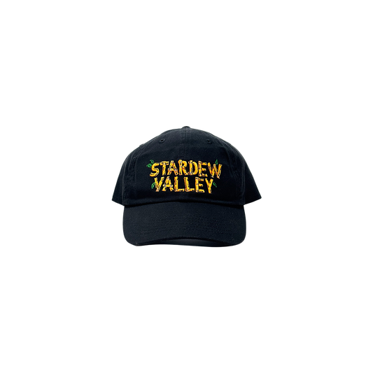 Black baseball cap with ’STARDEW VALLEY’ embroidered in yellow on the front.