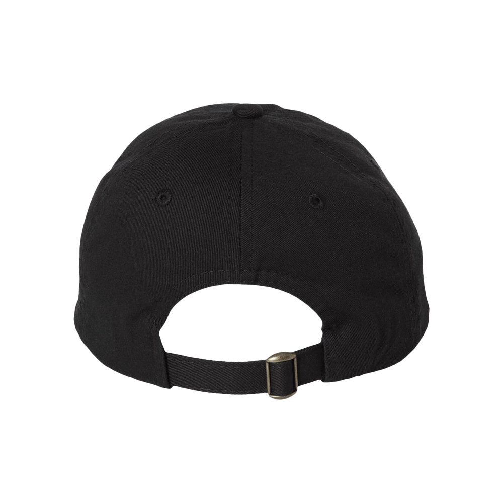 Black baseball cap with an adjustable strap closure at the back.