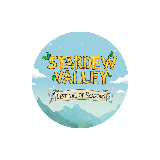 Circular logo for ’Stardew Valley: Festival of Seasons’ with stylized text and mountain scenery.