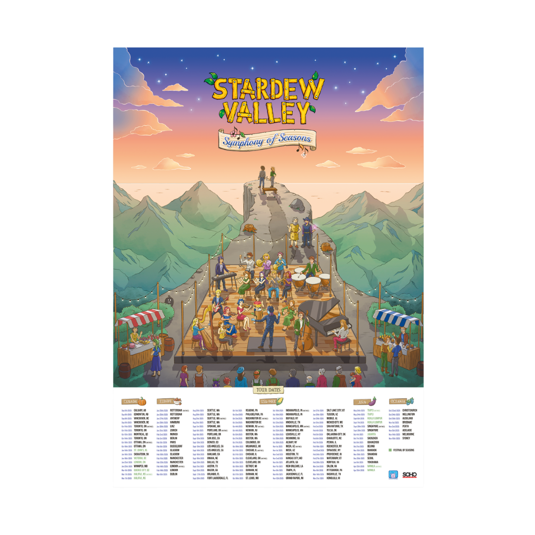 Stardew valley symphony of seasons calendar featuring a vibrant, illustrated concert scene with musicians and villagers under a starry sky.