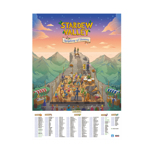 Stardew valley symphony of seasons calendar featuring a vibrant, illustrated concert scene with musicians and villagers under a starry sky.