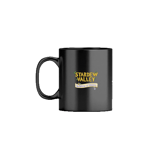 Black ceramic mug featuring a gold and green ’stardew valley: symphony of seasons’ logo.