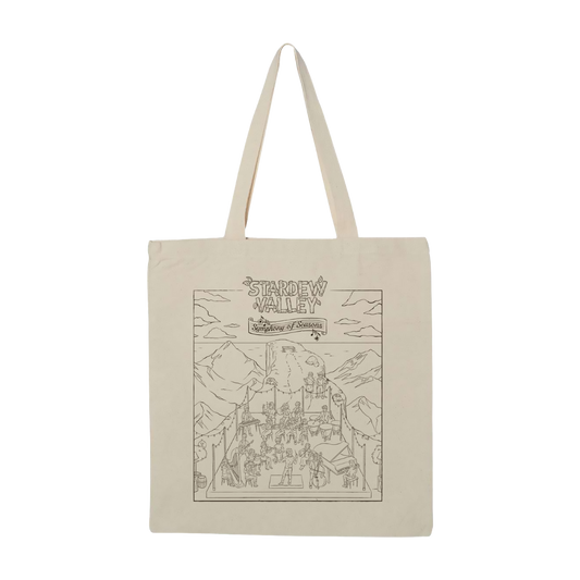 Cream-colored canvas tote bag featuring a black line-art illustration of the stardew valley ’song of seasons’ album cover.