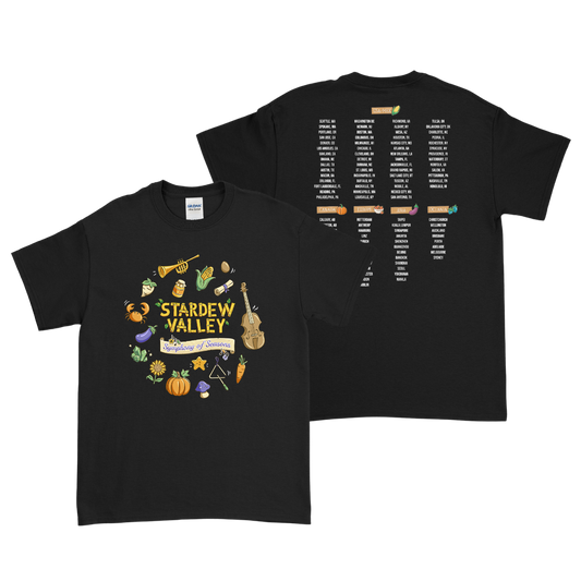 Black t-shirt featuring a colorful ’stardew valley’ graphic with autumn-themed illustrations and tour dates printed on the back.