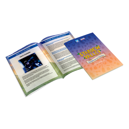 A colorful stardew valley ’symphony of seasons’ roleplay booklet with a gradient cover transitioning from blue to orange and green pages featuring text sections.