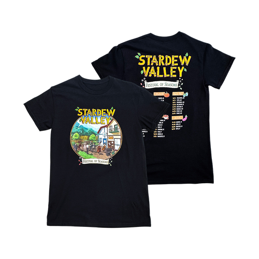 Black t-shirt with Stardew Valley game artwork and festival schedule printed on front and back.