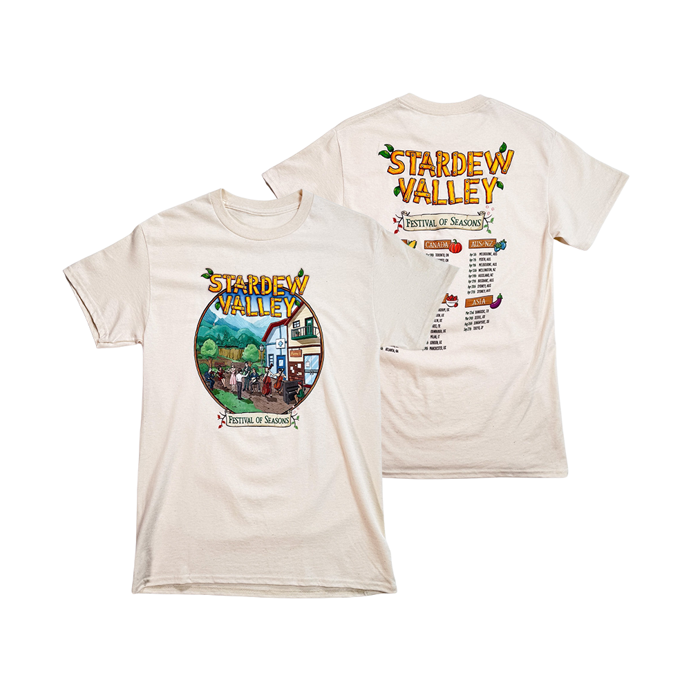 T-shirt featuring Stardew Valley game artwork and festival schedule.