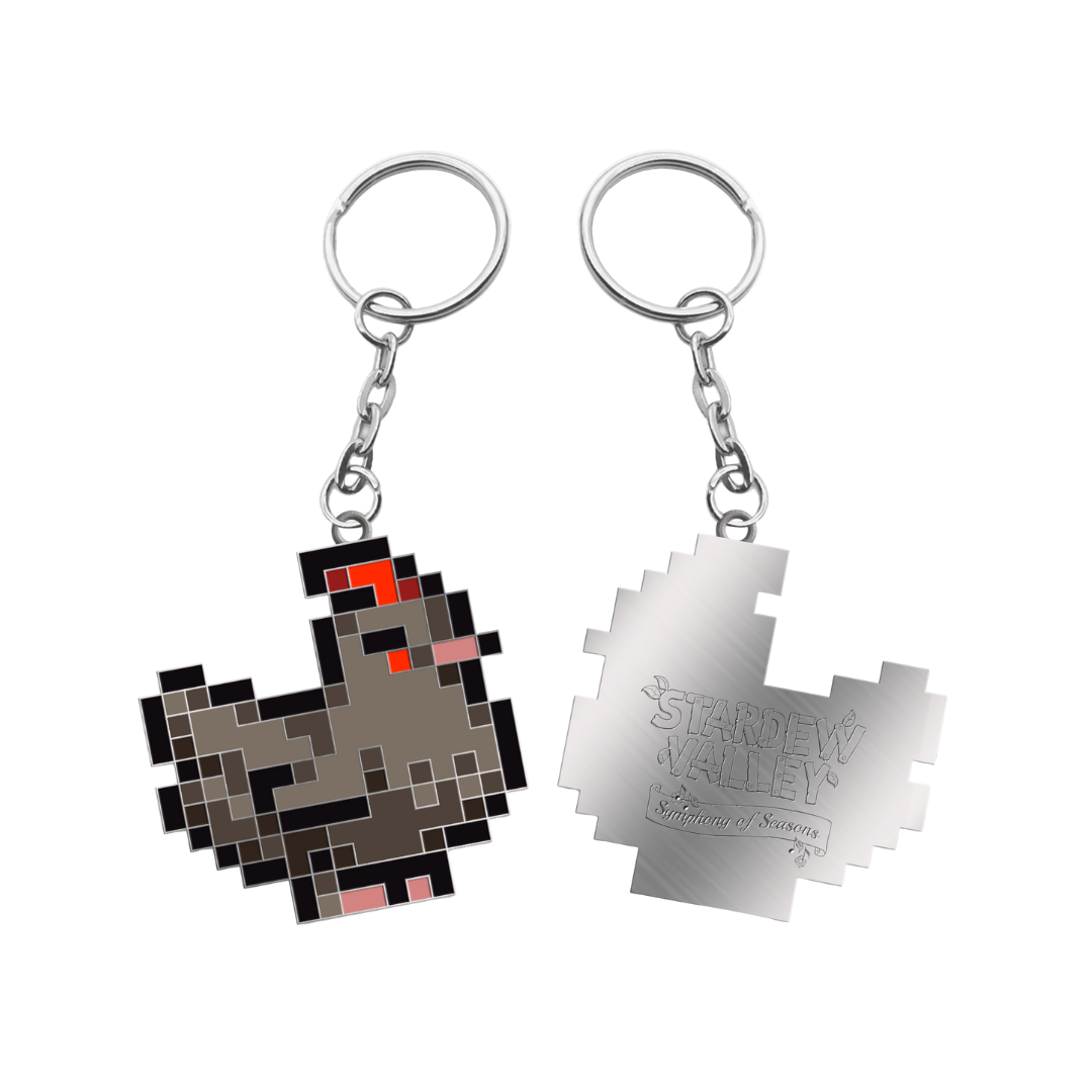 Pixelated chicken keychain with metallic silver chain and ring, featuring a gray body with red accents on the head and cheeks.