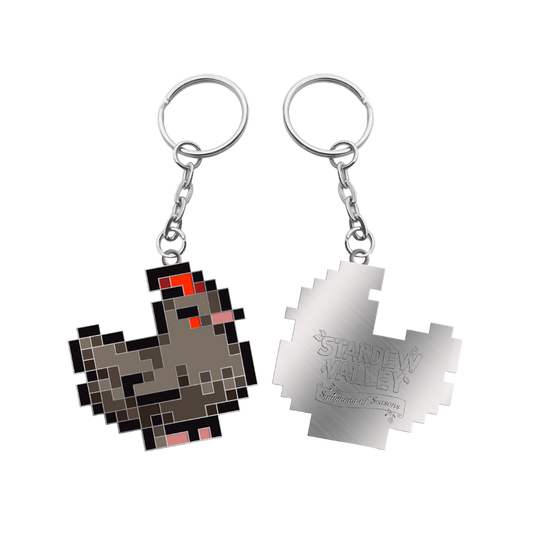 Pixelated chicken keychain with metallic silver chain and ring, featuring a gray body with red accents on the head and cheeks.